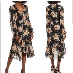 Floral V-Neck Black Dress